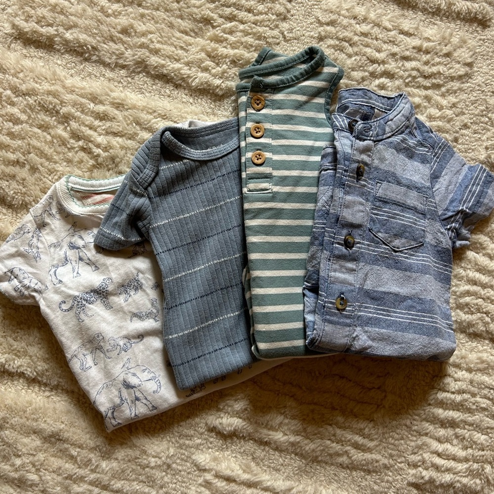 Bundle of Carter’s & Boden blue baby rompers & onesies size 3mo